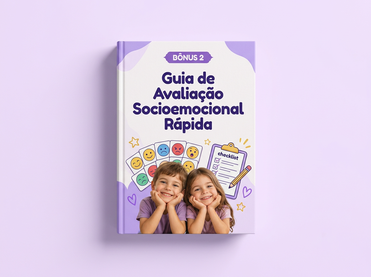 Mockup do bônus 2: Guia de Avaliação Socioemocional Rápida, com um menino e uma menina na capa em lilás e violeta