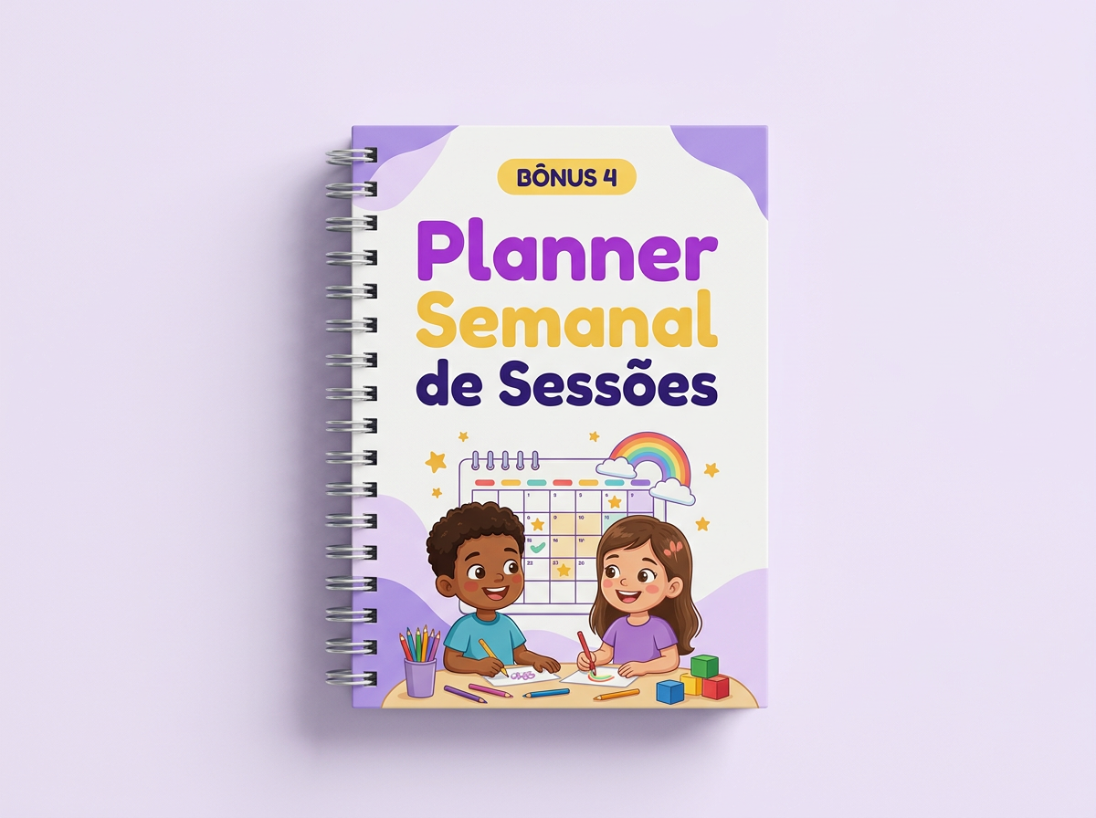 Mockup do bônus 4: Planner Semanal de Sessões, com um menino e uma menina na capa em lilás e violeta