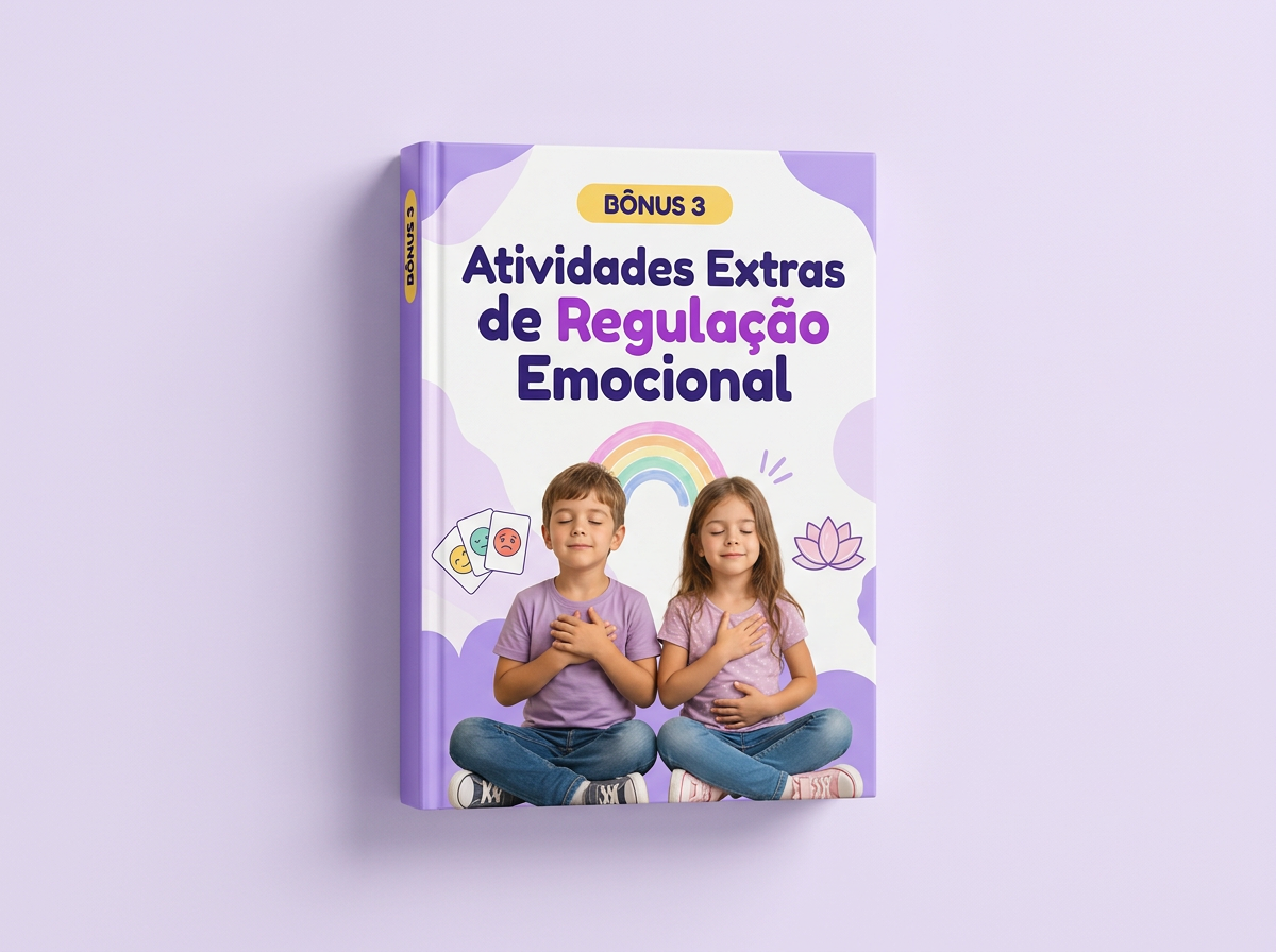 Mockup do bônus 3: Atividades Extras de Regulação Emocional, com um menino e uma menina na capa em lilás e violeta