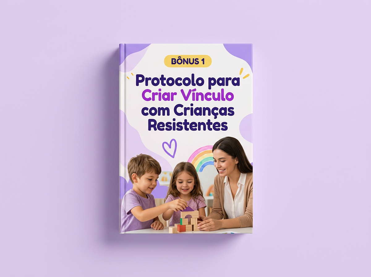 Mockup do bônus 1: Protocolo para Criar Vínculo com Crianças Resistentes, com um menino e uma menina na capa em lilás e violeta